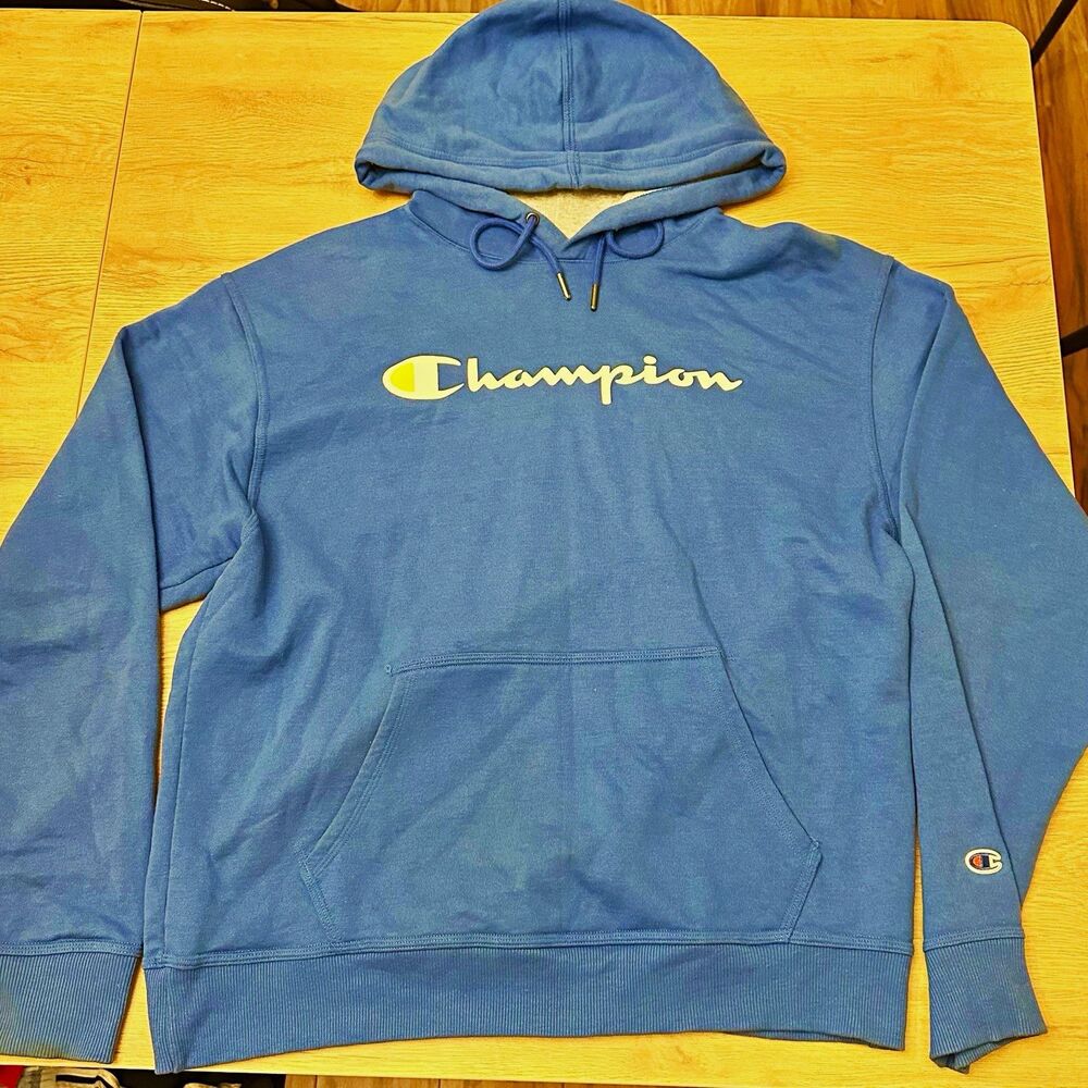 Champion Spellout Big Logo Blue Hoodie Sweatshirt Reverse Weave Kangaroo L